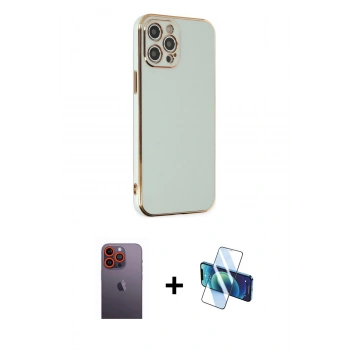 MARSİLYAN™- iPhone 12 Pro Max Kılıf Yankı Serisi - Siyah 3D Antistatik Seramik Nano Ekran Koruyucu + Neon Fosforlu Kamera Lens - TU