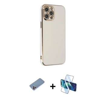 MARSİLYAN™- iPhone 12 Pro Max Kılıf Yankı Serisi - Siyah 3D Antistatik Seramik Nano Ekran Koruyucu + Shine Kamera Lens Koruma Cam - PE
