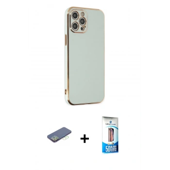 MARSİLYAN™- iPhone 12 Pro Max Kılıf Yankı Serisi - Siyah 5D Eko Cam Ekran Koruyucu + Renkli Kamera Lens Koruma Cam - YL