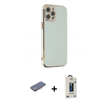 MARSİLYAN™- iPhone 12 Pro Max Kılıf Yankı Serisi - Siyah Bilvis Hayalet Cam Ekran Koruyucu + Renkli Kamera Lens Koruma Cam - PE