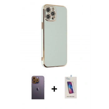 MARSİLYAN™- iPhone 12 Pro Max Kılıf Yankı Serisi - Siyah Joko 5D Cam + Neon Fosforlu Kamera Lens - SI