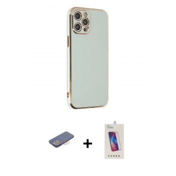 MARSİLYAN™- iPhone 12 Pro Max Kılıf Yankı Serisi - Siyah Joko 5D Cam + Renkli Kamera Lens Koruma Cam - PE