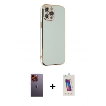 MARSİLYAN™- iPhone 12 Pro Max Kılıf Yankı Serisi - Siyah Joko 5D Cam + Neon Fosforlu Kamera Lens - TU