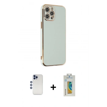 MARSİLYAN™- iPhone 12 Pro Max Kılıf Yankı Serisi - Siyah Polymer Nano Ekran Koruyucu + Shine Kamera Lens - LT