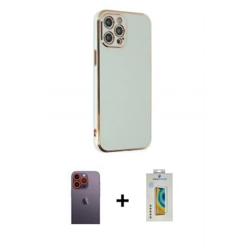 MARSİLYAN™- iPhone 12 Pro Max Kılıf Yankı Serisi - Siyah Polymer Nano Ekran Koruyucu + Neon Fosforlu Kamera Lens - TU