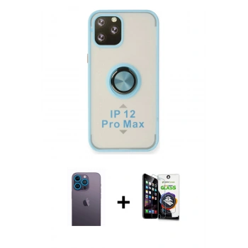 MARSİLYAN™- iPhone 12 Pro Max Kılıf Yörünge Çizgi - Şeffaf Temperli Cam Ekran Koruyucu + Neon Fosforlu Kamera Lens - MI