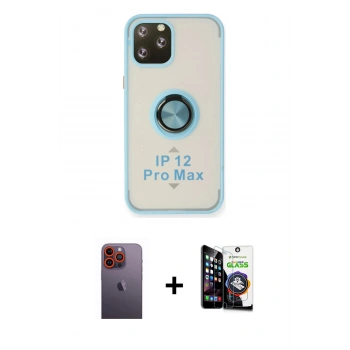 MARSİLYAN™- iPhone 12 Pro Max Kılıf Yörünge Çizgi - Şeffaf Temperli Cam Ekran Koruyucu + Neon Fosforlu Kamera Lens - TU