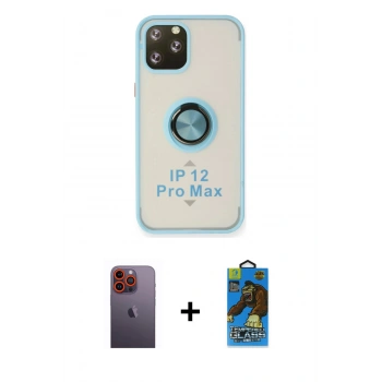 MARSİLYAN™- iPhone 12 Pro Max Kılıf Yörünge Çizgi - Siyah 18D Cam Ekran Koruyucu + Neon Fosforlu Kamera Lens - TU