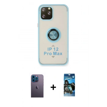 MARSİLYAN™- iPhone 12 Pro Max Kılıf Yörünge Çizgi - Siyah 34D Izgaralı Cam + Neon Fosforlu Kamera Lens - MI