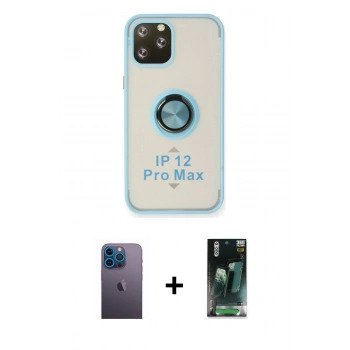 MARSİLYAN™- iPhone 12 Pro Max Kılıf Yörünge Çizgi - Siyah 360 Mat Full Body Arka Koruyucu + Neon Fosforlu Kamera Lens - MI