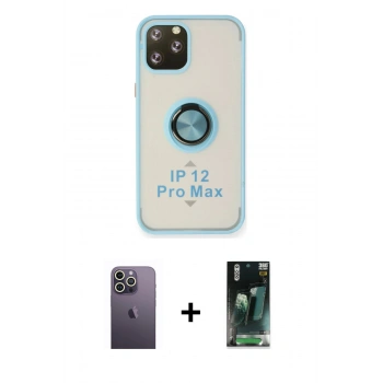 MARSİLYAN™- iPhone 12 Pro Max Kılıf Yörünge Çizgi - Siyah 360 Mat Full Body Arka Koruyucu + Neon Fosforlu Kamera Lens - BZ