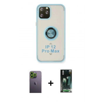 MARSİLYAN™- iPhone 12 Pro Max Kılıf Yörünge Çizgi - Siyah 360 Mat Full Body Arka Koruyucu + Neon Fosforlu Kamera Lens - YL