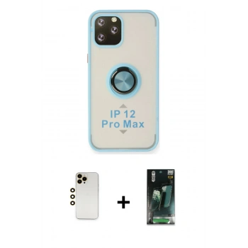 MARSİLYAN™- iPhone 12 Pro Max Kılıf Yörünge Çizgi - Siyah 360 Mat Full Body Arka Koruyucu + Shine Kamera Lens - GD