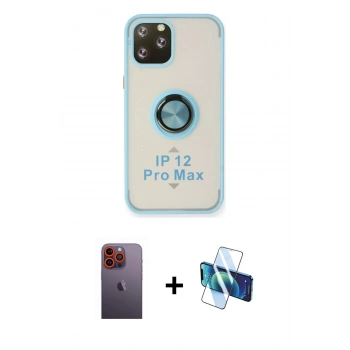 MARSİLYAN™- iPhone 12 Pro Max Kılıf Yörünge Çizgi - Siyah 3D Antistatik Cam Ekran Koruyucu + Neon Fosforlu Kamera Lens - TU