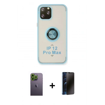 MARSİLYAN™- iPhone 12 Pro Max Kılıf Yörünge Çizgi - Siyah 3D Antistatik Hayalet Cam Ekran Koruyucu + Neon Fosforlu Kamera Lens - YL