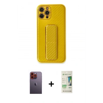 MARSİLYAN™- iPhone 12 Pro Max Kılıf Yörünge Yansıma - Siyah 20D Premium Cam Ekran Koruyucu + Neon Fosforlu Kamera Lens - TU