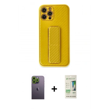 MARSİLYAN™- iPhone 12 Pro Max Kılıf Yörünge Yansıma - Siyah 20D Premium Cam Ekran Koruyucu + Neon Fosforlu Kamera Lens - YL