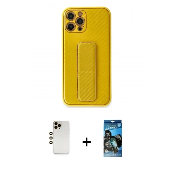 MARSİLYAN™- iPhone 12 Pro Max Kılıf Yörünge Yansıma - Siyah 34D Izgaralı Cam + Shine Kamera Lens - GD