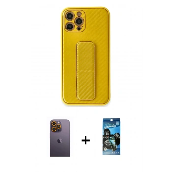 MARSİLYAN™- iPhone 12 Pro Max Kılıf Yörünge Yansıma - Siyah 34D Izgaralı Cam + Neon Fosforlu Kamera Lens - SI