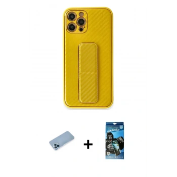 MARSİLYAN™- iPhone 12 Pro Max Kılıf Yörünge Yansıma - Siyah 34D Izgaralı Cam + Shine Kamera Lens Koruma Cam - MI