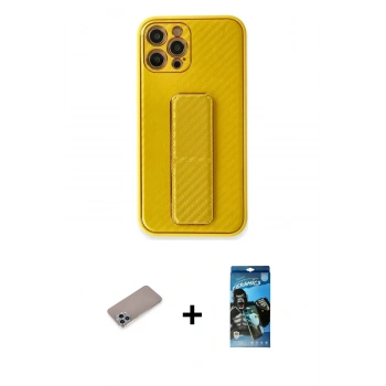 MARSİLYAN™- iPhone 12 Pro Max Kılıf Yörünge Yansıma - Siyah 34D Izgaralı Cam + Shine Kamera Lens Koruma Cam - SABE