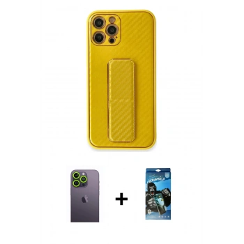 MARSİLYAN™- iPhone 12 Pro Max Kılıf Yörünge Yansıma - Siyah 34D Izgaralı Cam + Neon Fosforlu Kamera Lens - YL