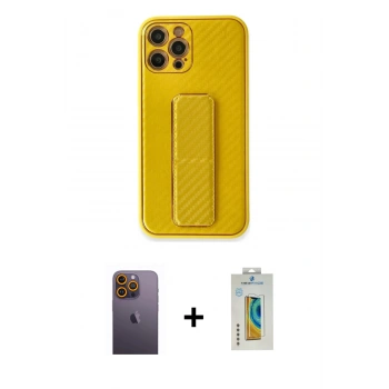 MARSİLYAN™- iPhone 12 Pro Max Kılıf Yörünge Yansıma - Siyah Polymer Nano Ekran Koruyucu + Neon Fosforlu Kamera Lens - SI