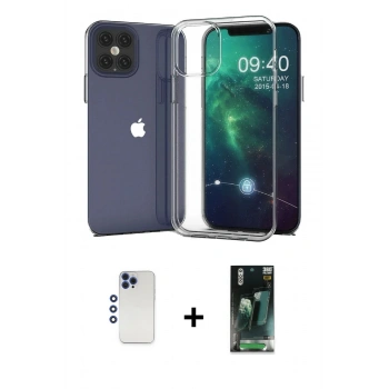 MARSİLYAN™- iPhone 12 Pro Max Kılıf Zirve Doku - Şeffaf 360 Full Body Arka Koruyucu + Shine Kamera Lens - LT