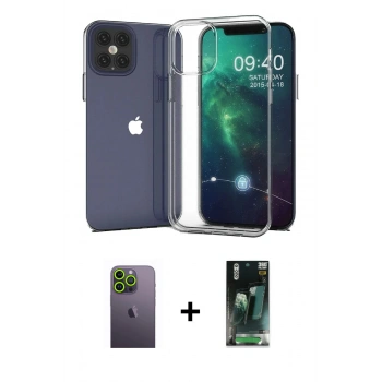 MARSİLYAN™- iPhone 12 Pro Max Kılıf Zirve Doku - Şeffaf 360 Full Body Arka Koruyucu + Neon Fosforlu Kamera Lens - YL