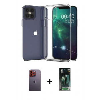 MARSİLYAN™- iPhone 12 Pro Max Kılıf Zirve Doku - Şeffaf 360 Full Body Arka Koruyucu + Neon Fosforlu Kamera Lens - TU