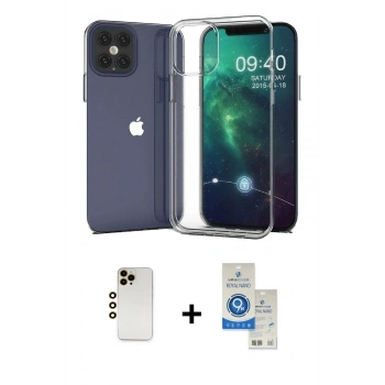 MARSİLYAN™- iPhone 12 Pro Max Kılıf Zirve Doku - Şeffaf Royal Nano Ekran Koruyucu + Shine Kamera Lens - GD