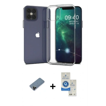 MARSİLYAN™- iPhone 12 Pro Max Kılıf Zirve Doku - Şeffaf Royal Nano Ekran Koruyucu + Shine Kamera Lens Koruma Cam - SH