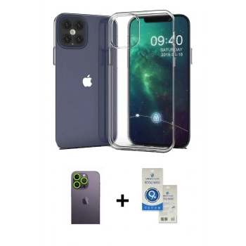 MARSİLYAN™- iPhone 12 Pro Max Kılıf Zirve Doku - Şeffaf Royal Nano Ekran Koruyucu + Neon Fosforlu Kamera Lens - YL