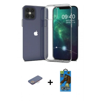 MARSİLYAN™- iPhone 12 Pro Max Kılıf Zirve Doku - Siyah 18D Cam Ekran Koruyucu + Renkli Kamera Lens Koruma Cam - PE