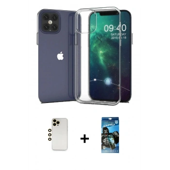 MARSİLYAN™- iPhone 12 Pro Max Kılıf Zirve Doku - Siyah 34D Izgaralı Cam + Shine Kamera Lens - GD