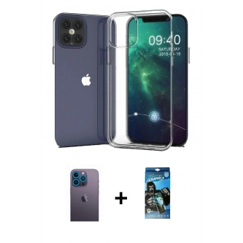 MARSİLYAN™- iPhone 12 Pro Max Kılıf Zirve Doku - Siyah 34D Izgaralı Cam + Neon Fosforlu Kamera Lens - MI