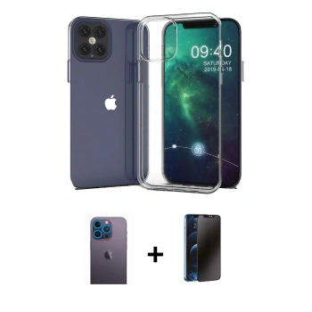 MARSİLYAN™- iPhone 12 Pro Max Kılıf Zirve Doku - Siyah 3D Antistatik Hayalet Cam Ekran Koruyucu + Neon Fosforlu Kamera Lens - MI