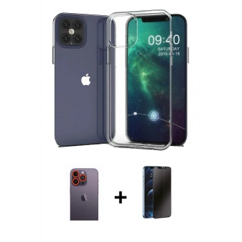 MARSİLYAN™- iPhone 12 Pro Max Kılıf Zirve Doku - Siyah 3D Antistatik Hayalet Cam Ekran Koruyucu + Neon Fosforlu Kamera Lens - TU
