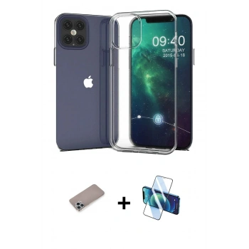 MARSİLYAN™- iPhone 12 Pro Max Kılıf Zirve Doku - Siyah 3D Antistatik Seramik Nano Ekran Koruyucu + Shine Kamera Lens Koruma Cam - SABE