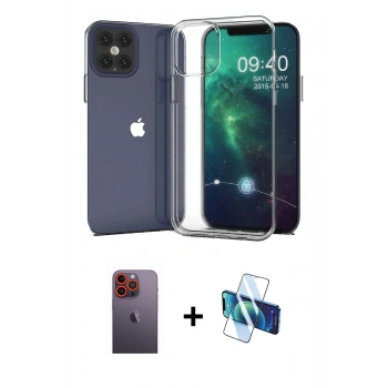 MARSİLYAN™- iPhone 12 Pro Max Kılıf Zirve Doku - Siyah 3D Antistatik Seramik Nano Ekran Koruyucu + Neon Fosforlu Kamera Lens - TU
