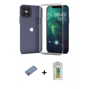 MARSİLYAN™- iPhone 12 Pro Max Kılıf Zirve Doku - Siyah Polymer Nano Ekran Koruyucu + Shine Kamera Lens Koruma Cam - PE