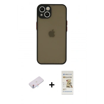 MARSİLYAN™- iPhone 13 Mini Kılıf Ahenk Çizgi Serisi - Siyah Mat Seramik Nano Ekran Koruyucu + Renkli Kamera Lens Koruma Cam - PE