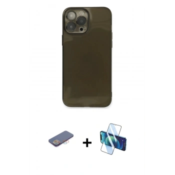 MARSİLYAN™- iPhone 13 Pro Kılıf Ahenk Doku - Siyah 3D Antistatik Seramik Nano Ekran Koruyucu + Renkli Kamera Lens Koruma Cam - PE