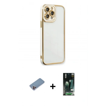 MARSİLYAN™- iPhone 13 Pro Kılıf Çekirdek Klasik Serisi - Şeffaf 360 Full Body Arka Koruyucu + Shine Kamera Lens Koruma Cam - PE