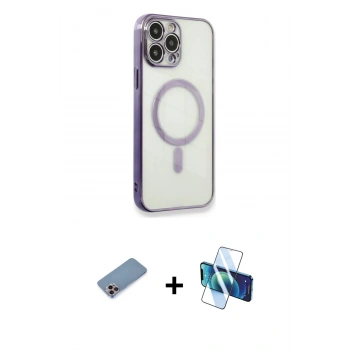 MARSİLYAN™- iPhone 13 Pro Kılıf Doruk Minimal - Siyah 3D Antistatik Seramik Nano Ekran Koruyucu + Shine Kamera Lens Koruma Cam - PE