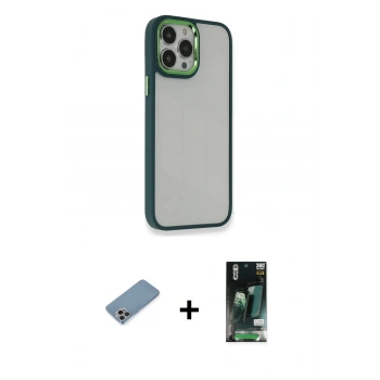 MARSİLYAN™- iPhone 13 Pro Kılıf Eksen Doku Prime - Şeffaf 360 Full Body Arka Koruyucu + Shine Kamera Lens Koruma Cam - GI