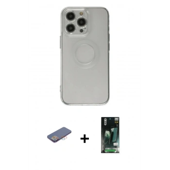 MARSİLYAN™- iPhone 13 Pro Kılıf Kutup Klasik - Şeffaf 360 Full Body Arka Koruyucu + Renkli Kamera Lens Koruma Cam - PE