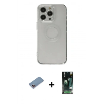 MARSİLYAN™- iPhone 13 Pro Kılıf Kutup Klasik - Şeffaf 360 Full Body Arka Koruyucu + Shine Kamera Lens Koruma Cam - PE