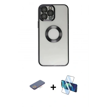 MARSİLYAN™- iPhone 13 Pro Kılıf Pusula Form - Siyah 3D Antistatik Seramik Nano Ekran Koruyucu + Renkli Kamera Lens Koruma Cam - PE