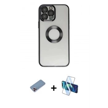 MARSİLYAN™- iPhone 13 Pro Kılıf Pusula Form - Siyah 3D Antistatik Seramik Nano Ekran Koruyucu + Shine Kamera Lens Koruma Cam - PE